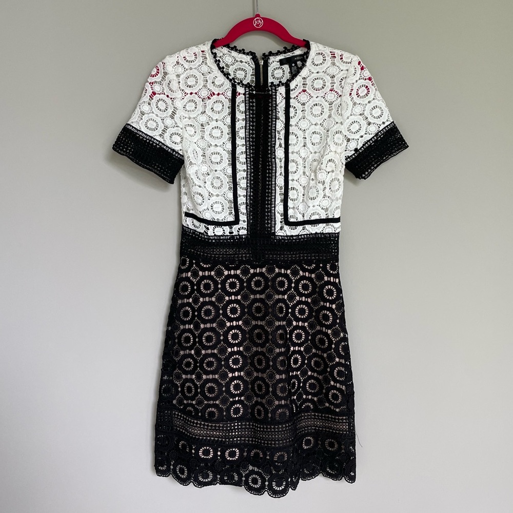 Aqua Bloomingdale’s Black and White Color Block short Sleeve Lace Mini Dress